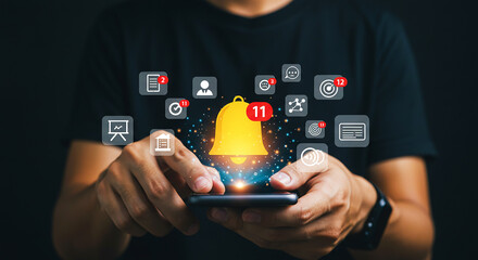 Man taps smartphone with a large notification bell and a red number 11 badge. Concept for mobile alerts, social media, and online communication.