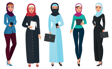 Set of business arab woman character with hijab. Muslim female people vector illustration