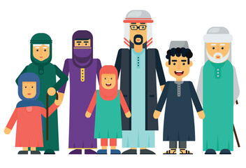 Cartoon vector Arab muslim family set isolated