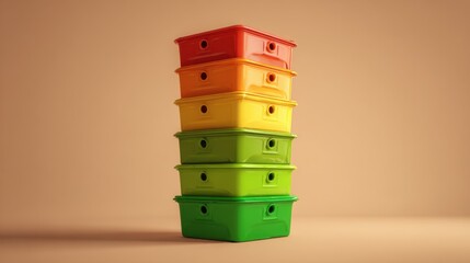 Stack of miniature recycling bins in different colors over neutral gradient