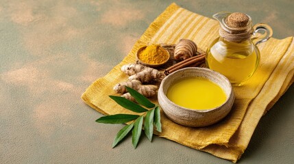 Still life with turmeric extract and herbal ingredients on beige cloth