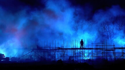 Steel scaffolding and heavy machinery silhouetted by blue welding glow