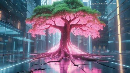 Radiating bioluminescent tree glowing, spreading pink glow in neon-lit plaza, reflecting tiles - Powered by Adobe