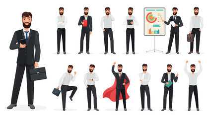 Set of happy businessman character with different poses and actions. Constructor cartoon vector illustration