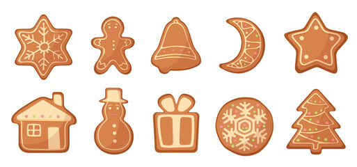 Vector cartoon gingerbread christmas cookies set isolated.