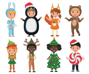 Vector Set of cute kids wearing Christmas clothes costumes