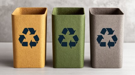 Three recycling bins in a row with different colors on light neutral backdrop