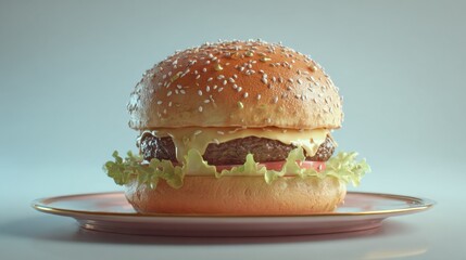 Toasted bun hamburger on glossy plate placed against soft light grey background