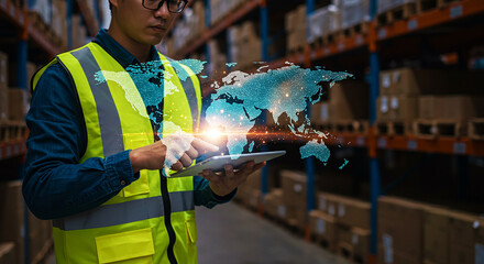 Man in warehouse using tablet with world map overlay for global logistics and supply chain tracking