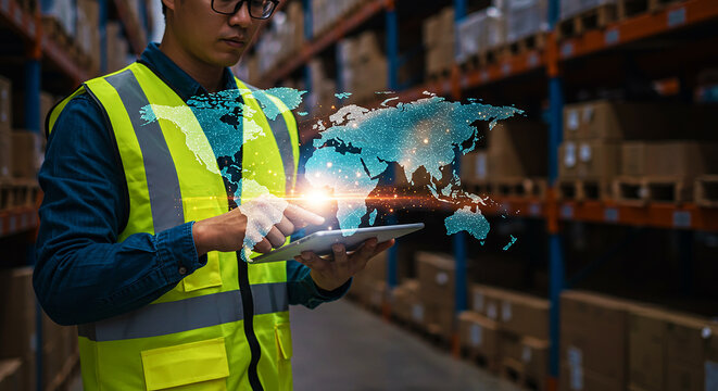 Man in warehouse using tablet with world map overlay for global logistics and supply chain tracking