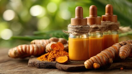 Turmeric extract dropper bottles on natural wood with light bokeh background