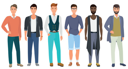 Obraz premium Stylish handsome men dressed in casual fashion male style clothes, vector illustration. Cartoon flat vector illustration