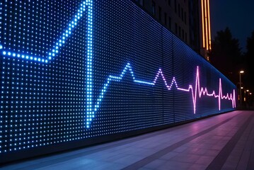 Blue and pink illuminated heartbeat waveform display on a digital city wall at night, representing pulse data in a futuristic glowing pattern along the sidewalk