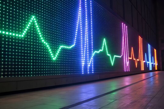 Colorful LED heart rate waveform lights on a modern city wall at night, displaying vibrant pulse lines in green, blue, purple, and red along the illuminated surface