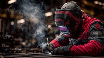 Welding process captured mid-spark inside a high-tech industrial fabrication plant