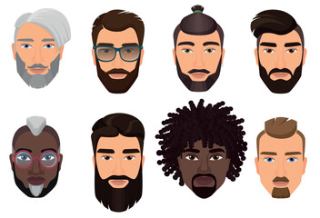 Colorful cartoon hipsters bearded men guys avatars with different hairstyles, beards and mustaches isolated