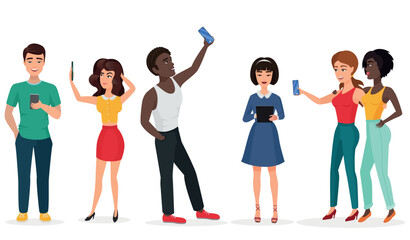 Fototapeta premium People with gadgets making selfie. Guys and girls, communicating by phone and tablets. Cartoon vector illustration