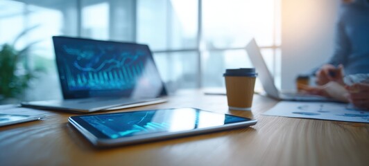 The modern workspace featuring digital devices and collaborative business activities.