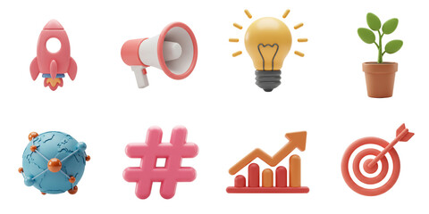 3d business icons set with rocket, megaphone, light bulb, and more