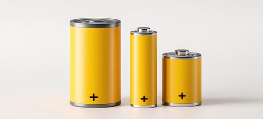 The collection of yellow batteries in various sizes on a light background.