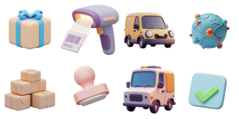 3d logistics icons including gift, truck, barcode scanner in mocha mousse palette
