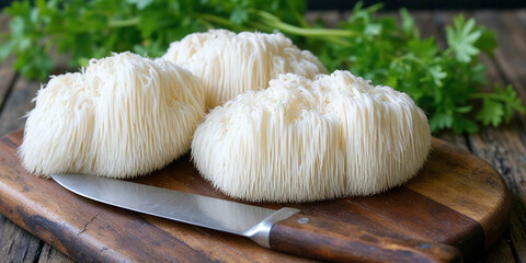 Three large white lion's mane mushrooms with their distinctive cascading, hair-like spines sit on a wooden cutting board alongside a chef's knife, with fresh green herbs visible in the background.
