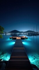 Nighttime boardwalk over glowing water