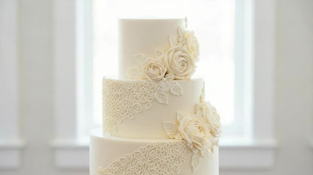 Elegant three-tier wedding cake decorated with floral details indoors  