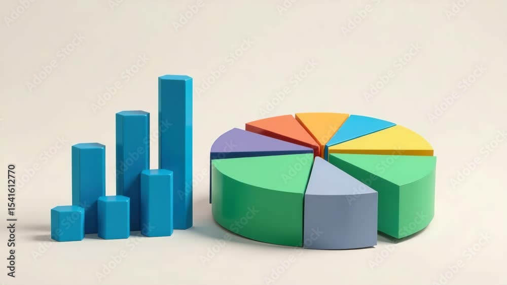 Poster a 3d bar chart and colorful pie chart displayed side by side on a light background.