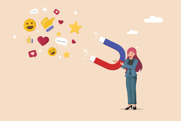 Attracting Positive Customer Feedback: Woman Using a Large Magnet to Draw Thumbs Up, Stars, Hearts, and Happy Emojis for Excellent Service.