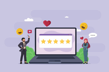 Customer Experience Feedback Concept: Happy Man and Woman Giving Five Star Rating on Laptop for Excellent Service and Satisfaction.