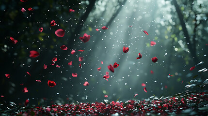 A magical forest scene with countless red petals descending, creating a surreal and romantic atmosphere under shafts of light.