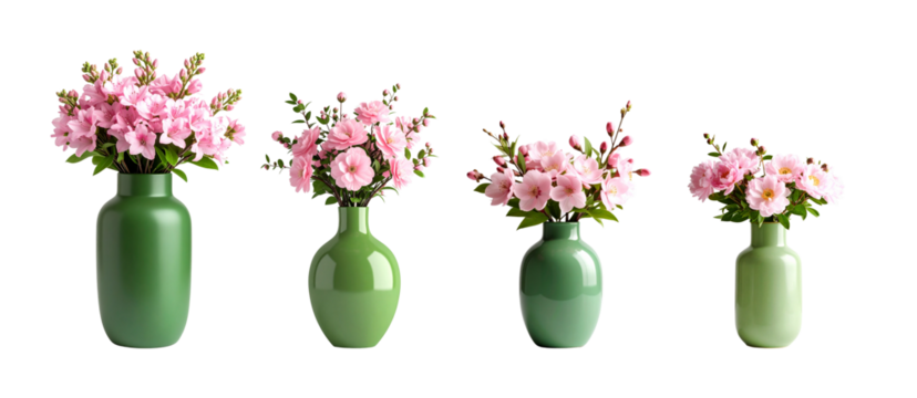 Charming vases filled with beautiful pink flowers in various shapes and sizes.