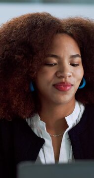 Thinking, employee and woman with laptop, office or legal assistant with idea for project or online. Contemplating, paralegal and black person with tech for research, litigation or typing in law firm