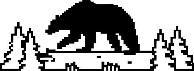 Pixel art bear silhouette walking among forest pine trees retro black and white digital illustration, minimalist wildlife scene