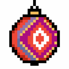 pixel art christmas ornament red round decoration with geometric patterns, festive winter holiday bauble, hanging isolated object