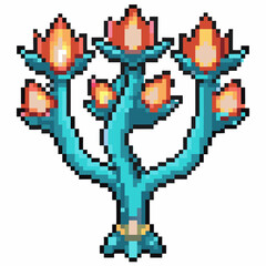 Pixel art fantasy plant with glowing red flowers, blue twisting stem, magical tree like botanical illustration