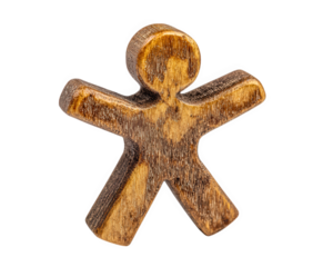 Wooden person figurine, isolated on transparency background, simple handcrafted object, brown color, playful and cheerful, suitable for decoration or educational use