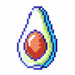 Fototapeta premium Pixel art avocado half with seed retro digital fruit icon, green healthy food, isolated design on white background