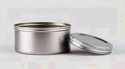 A simple, open tin can with a detached lid is displayed on a plain surface, ready for culinary use or packaging design.

