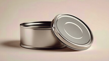 A simple, open tin can with a detached lid is displayed on a plain surface, ready for culinary use or packaging design.
