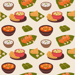 Seamless Pattern of South Indian Dishes, Curry, Rice, Parotta