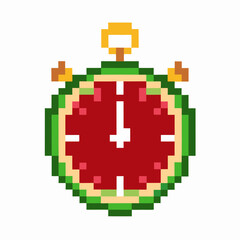 Fototapeta premium Pixel art stopwatch shaped as watermelon slice retro timer with green rind, red flesh, white seeds, creative summer concept