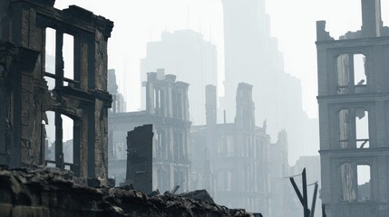 Desolate urban landscape with crumbling buildings and foggy skyline in the background