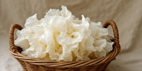 A сlose-up  tremella fuciformis  in a rustic wooden basket.