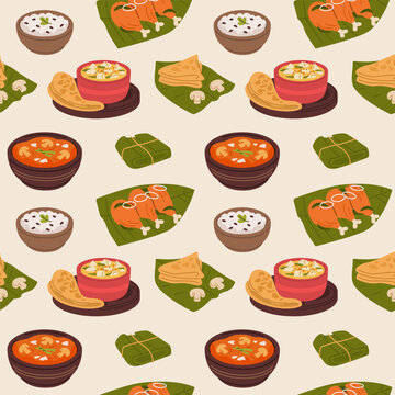 Seamless Pattern of South Indian Dishes, Curry, Rice, Parotta