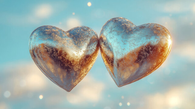 Two metallic hearts floating in a cloudy sky.