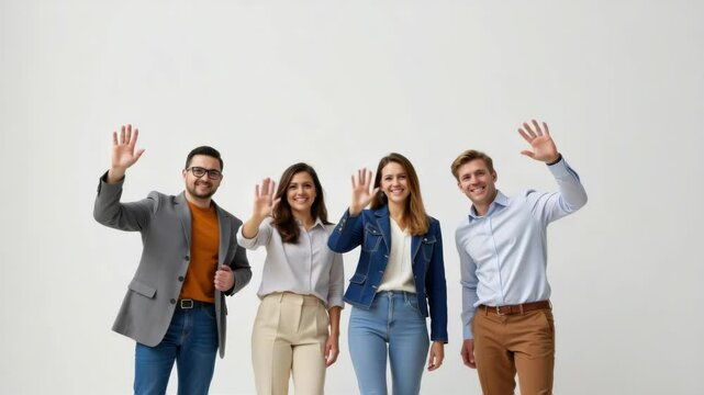 Four young adults stand together smiling and waving at the camera against a plain light background.