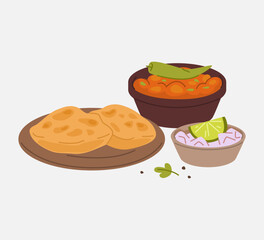 Chole Bhature Indian Dish with Onion Salad