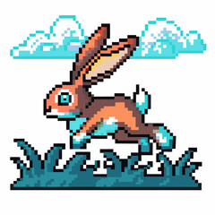 Obraz premium Pixel art rabbit running fast in grass retro video game graphics, animated bunny with clouds, outdoor nature